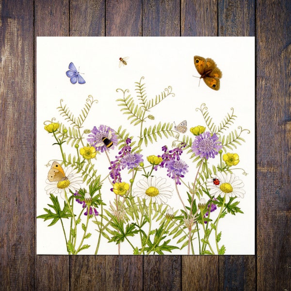 Wildflower Meadow Card, British Wild Flowers, Butterflies & Bees Blank Square Greetings Card Scabious, Vetch, Buttercups, Daisies Notecard