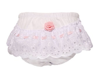 Baby Girl Pink & White Frilly Flower Rosebud Pants Traditional Spanish Bloomers Nappy Cover