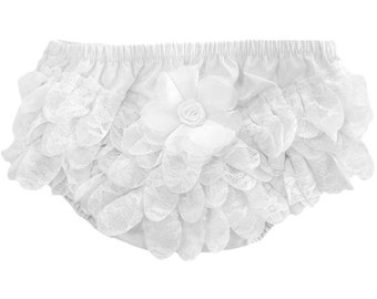 Baby Girl White Frilly Flower Pants Traditional Spanish Bloomers Nappy Cover