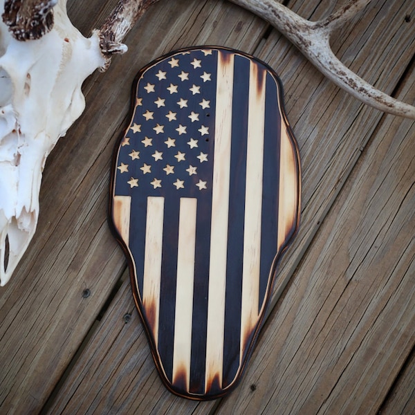 Whitetail Euro Plaque Deer Taxidermy Carved USA Flag American Flag Rustic Flag Whitetail Skull NOT included Thin Blue Line Thin Red Line