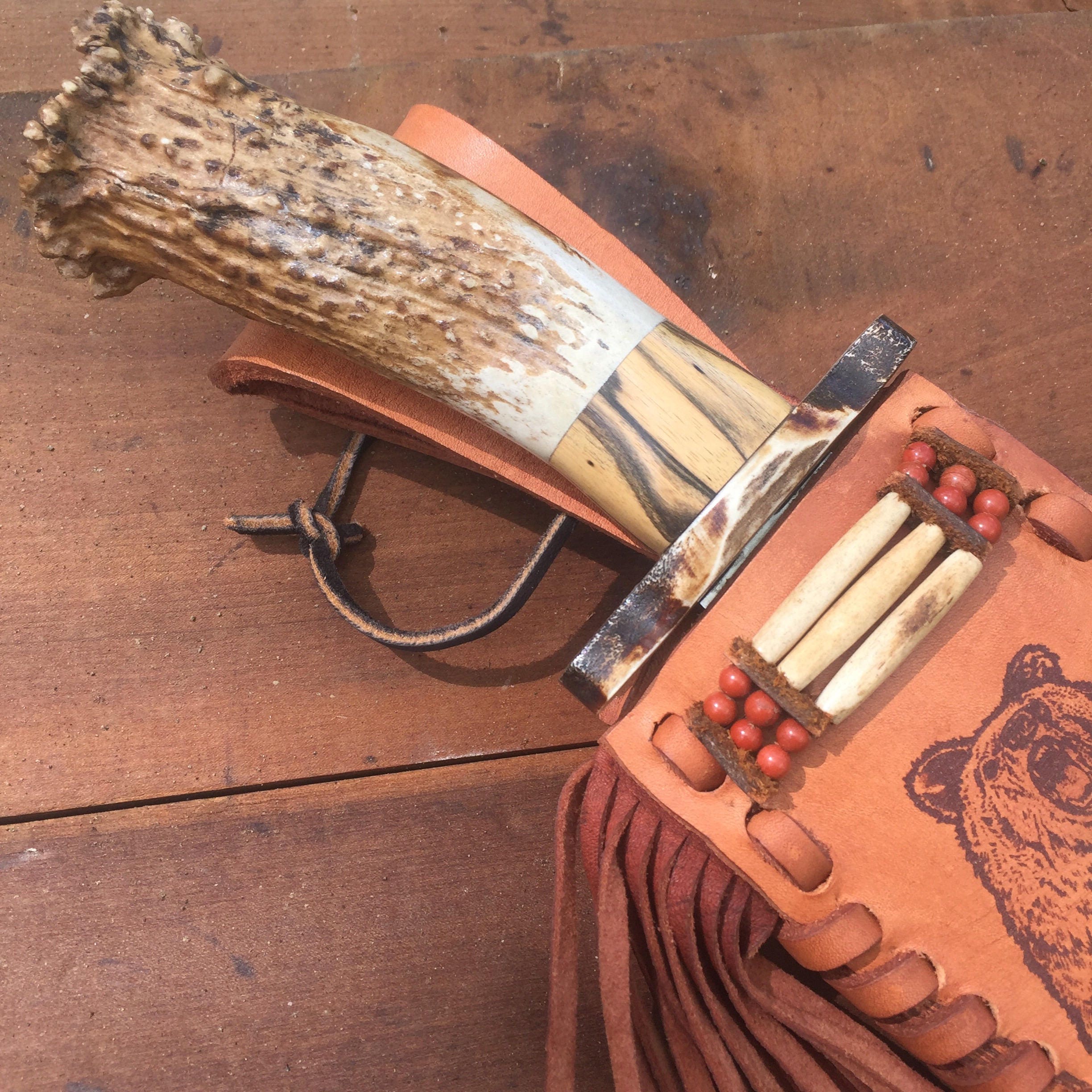deer antler knife - with handmade leather sheath with