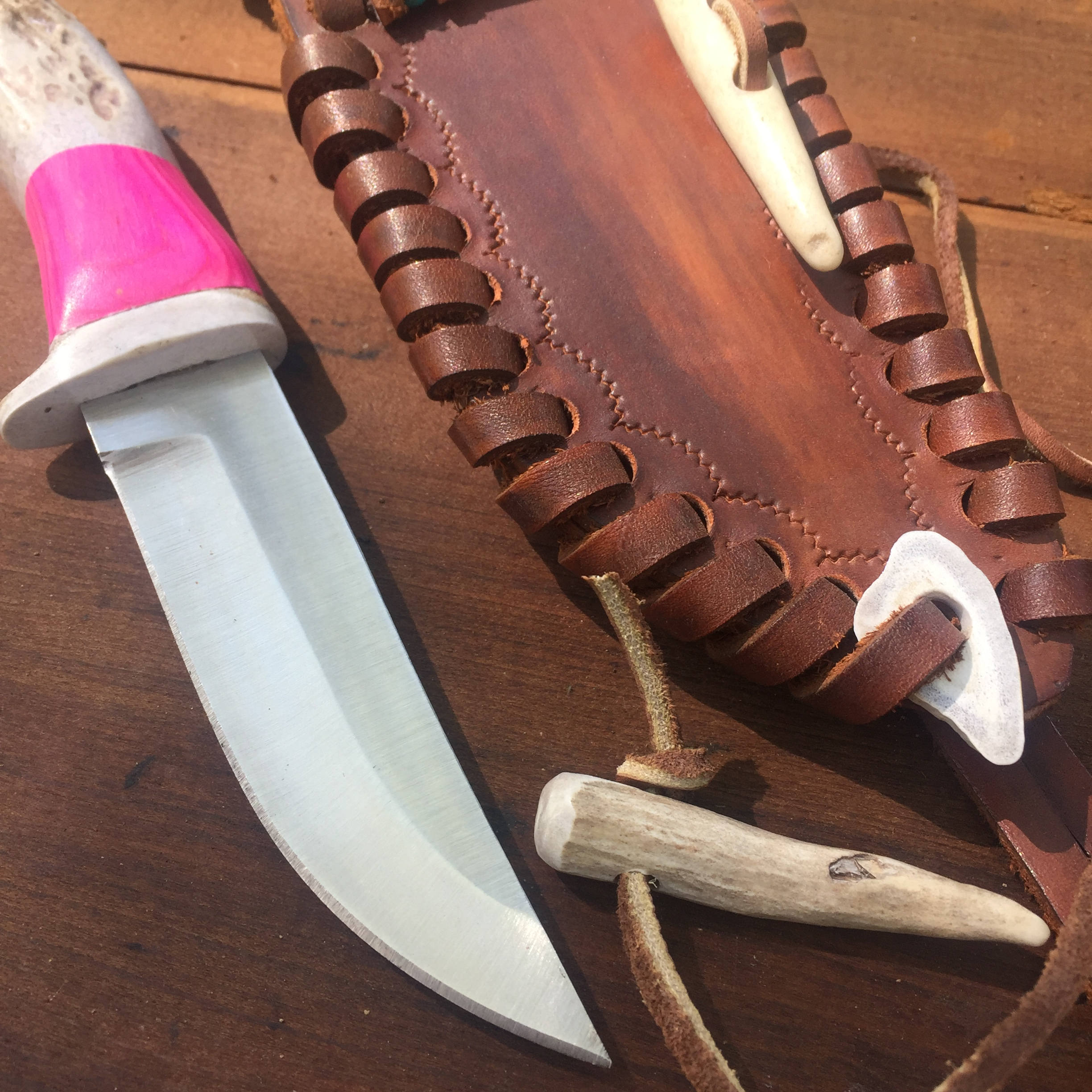 Deer Antler Knife - With Handmade Leather Sheath - Pink 
