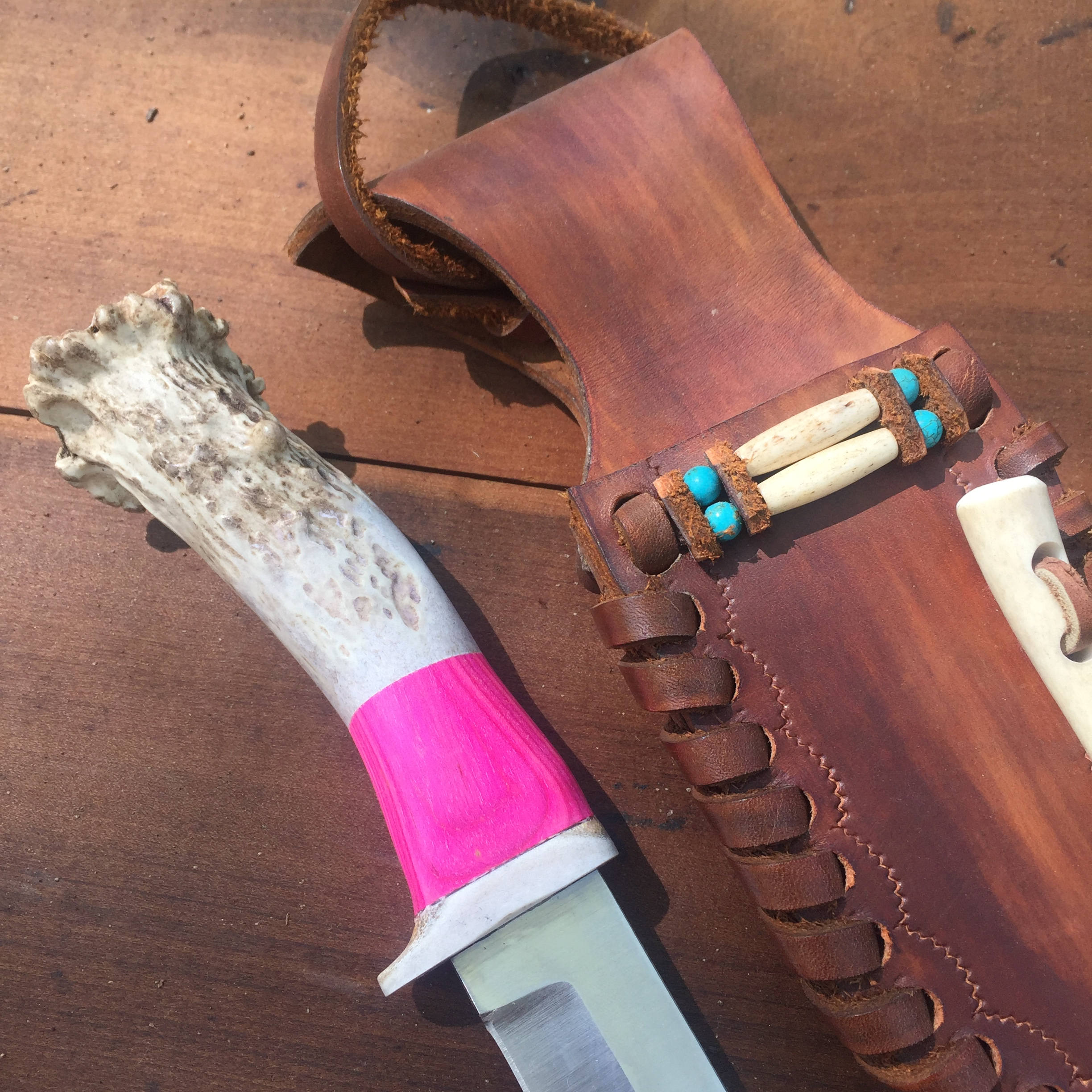 deer antler knife - with handmade leather sheath - pink
