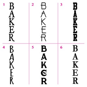 Puede incluir: Seis variaciones de la palabra "BAKER" en texto negro sobre fondo blanco. Cada variaci&oacute;n tiene un estilo de fuente diferente.