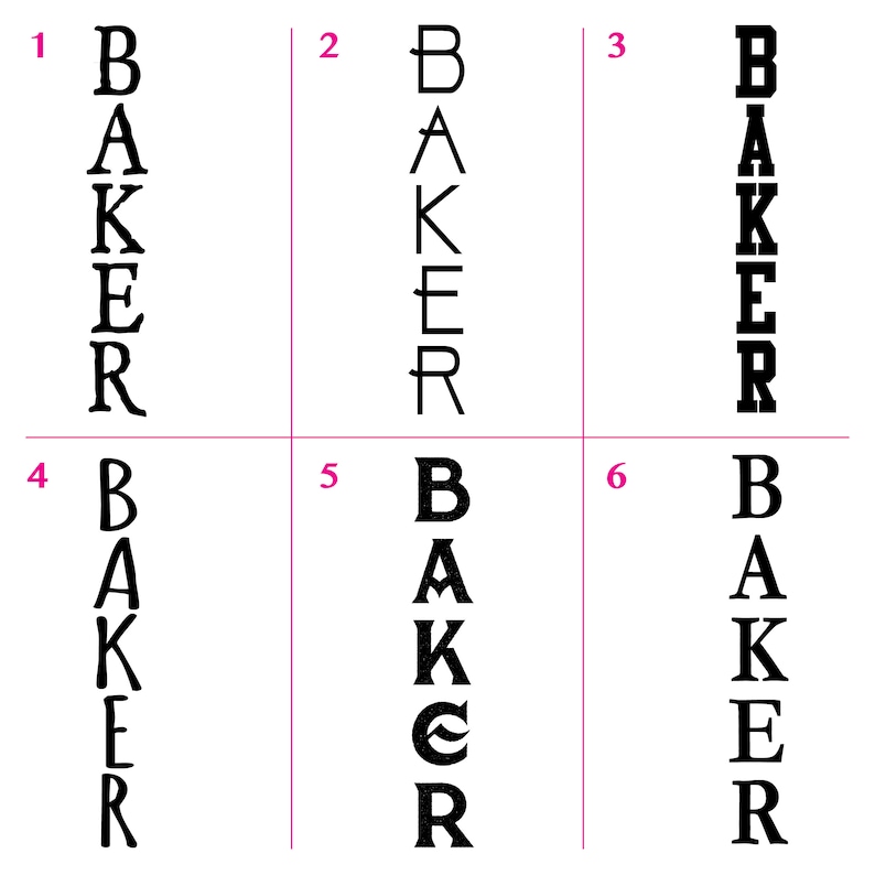 Puede incluir: Seis variaciones de la palabra "BAKER" en texto negro sobre fondo blanco. Cada variaci&oacute;n tiene un estilo de fuente diferente.