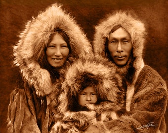 INUPIAT FAMILY By Photography Legend Edward S. Curtis Unique Photo Restoration 8" x 10" Photoprint Restoration/Reproduction