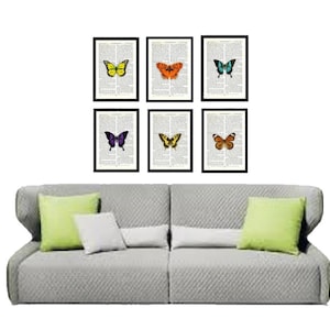 A series of 6 Upcycled Butterfly prints on Vintage book page