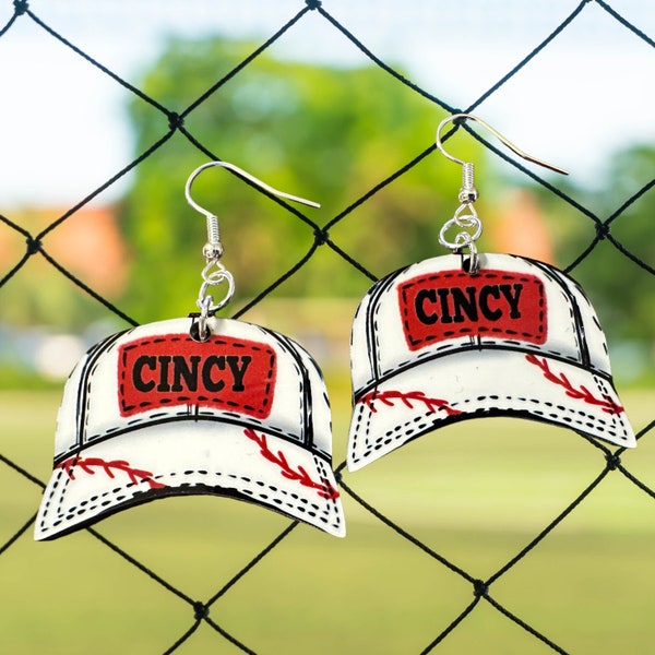 Cincinnati “Cincy” Baseball Hat Earrings,  Reds Baseball jewelry