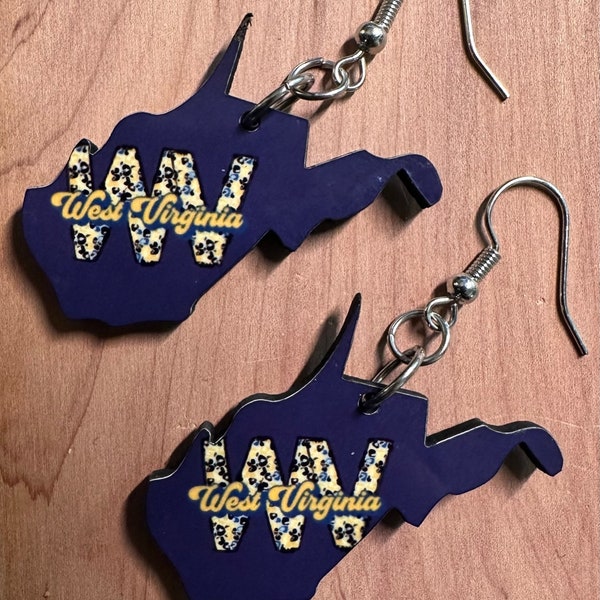 West Virginia State Shape Earrings, WVU earrings, WVU Jewelry, Mountaineers earrings,