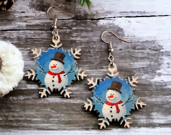 Snowflake Snowman Earrings, snowman jewelry, winter earrings, Christmas earrings, blue earrings,