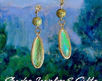 Blue Green Glass Drop Earrings, Gold Brass Accents