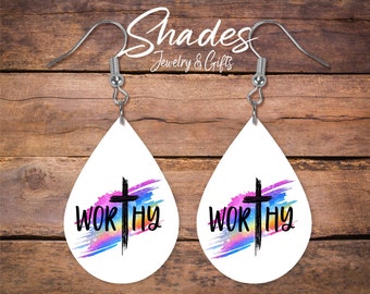 Worthy Cross Teardrop Earrings, Handmade Christian Jewelry