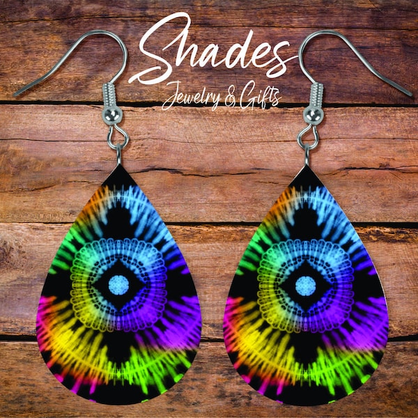 Rainbow TieDye Teardrop Earrings, Tie Dye jewelry, tie dye earrings, colorful earrings, colorful jewelry