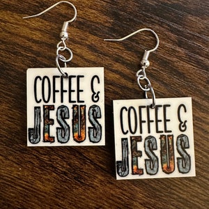 Coffee & Jesus Square Earrings, Religious Gifts, Gifts for Christian Women, Jesus Lovers, Coffee jewelry