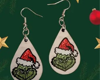 Pendientes navideños con la cara del Grinch, diseño con purpurina sintética