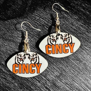 Cincinnati Football Shape Earrings, Cincinnati, Tiger Eyes, Orange and Black Earrings, Bengals