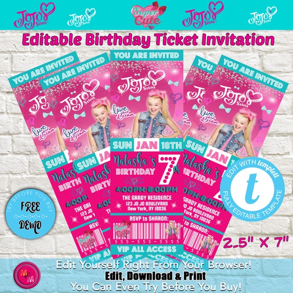 Editable JoJo Siwa Birthday Party Ticket Invitation Printable | Etsy