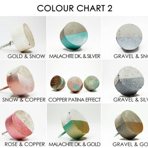 May include: Colour chart displaying nine different colour combinations for concrete knobs. The knobs are half white, half a different colour. The colours include gold, snow, malachite, silver, copper, gravel, and rose.