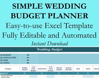 Pianificatore del budget del matrimonio, modello di cartella di lavoro Excel, foglio di calcolo della pianificazione del matrimonio per il monitoraggio delle spese e delle spese, facile da usare completamente modificabile