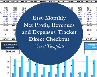 Bookkeeping Template for Etsy Small Business, Financial Spreadsheets for Annual Monthly Revenues Expenses, Bill Tracker Net Profit Analysis