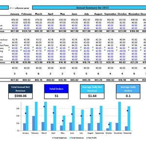 May include: A blue and light blue bar chart showing the total revenue, total expenses, and net profit for each month of the year 2015. The chart shows that the business had its highest revenue in February and its highest net profit in December.