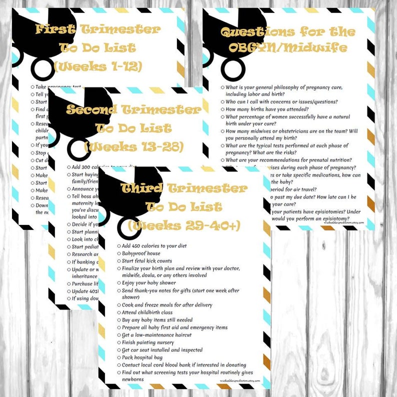 Peut inclure: Trois listes de choses &agrave; faire imprimables pour la grossesse, avec un design de poussette noir et blanc. Les listes sont intitul&eacute;es "Premier trimestre &agrave; faire (semaines 1-12)", "Deuxi&egrave;me trimestre &agrave; faire (semaines 13-28)" et "Troisi&egrave;me trimestre &agrave; faire (semaines 29-40+)". Les listes comprennent des t&acirc;ches telles que prendre des vitamines pr&eacute;natales, pr&eacute;parer une f&ecirc;te pr&eacute;natale et am&eacute;nager une chambre de b&eacute;b&eacute;.