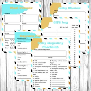 Peut inclure: Liste de contr&ocirc;le imprimable pour planifier une baby shower et organiser une liste de naissance. La liste de contr&ocirc;le comprend des sections pour les d&eacute;tails, le journal des cadeaux, les options de garderie et une liste de contr&ocirc;le de registre de b&eacute;b&eacute; avec des articles pour la p&eacute;pini&egrave;re.