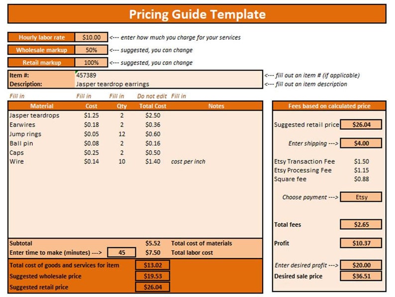 Etsy Pricing Guide, Excel Template Spreadsheet, Calculate Processing