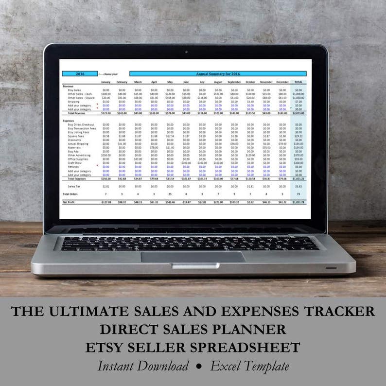 May include: A laptop computer displaying a spreadsheet with the title "Annual Summary Set 2014". The spreadsheet is a sales and expenses tracker for Etsy sellers. The text "THE ULTIMATE SALES AND EXPENSES TRACKER" is displayed below the laptop. The text "DIRECT SALES PLANNER" is displayed below the first line of text. The text "ETSY SELLER SPREADSHEET" is displayed below the second line of text. The text "Instant Download" is displayed below the third line of text. The text "Excel Template" is displayed below the fourth line of text.