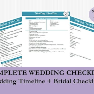 May include: A printable wedding checklist with a teal blue and white colour scheme. The checklist includes a "Before I Do" list, a wedding timeline, and a bridal checklist. The text on the checklist says "Complete Wedding Checklist" and "Wedding Timeline + Bridal Checklists".