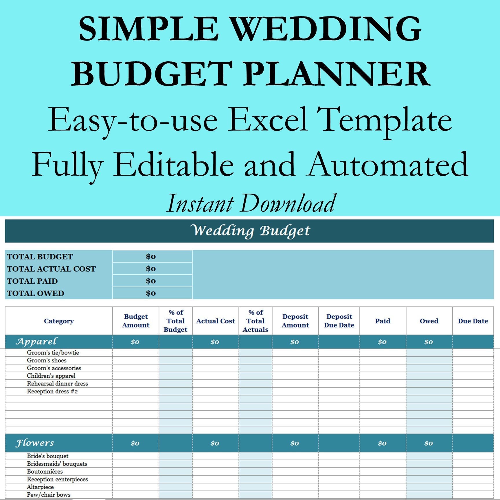 Wedding Budget Planner Excel Workbook Template Wedding Etsy