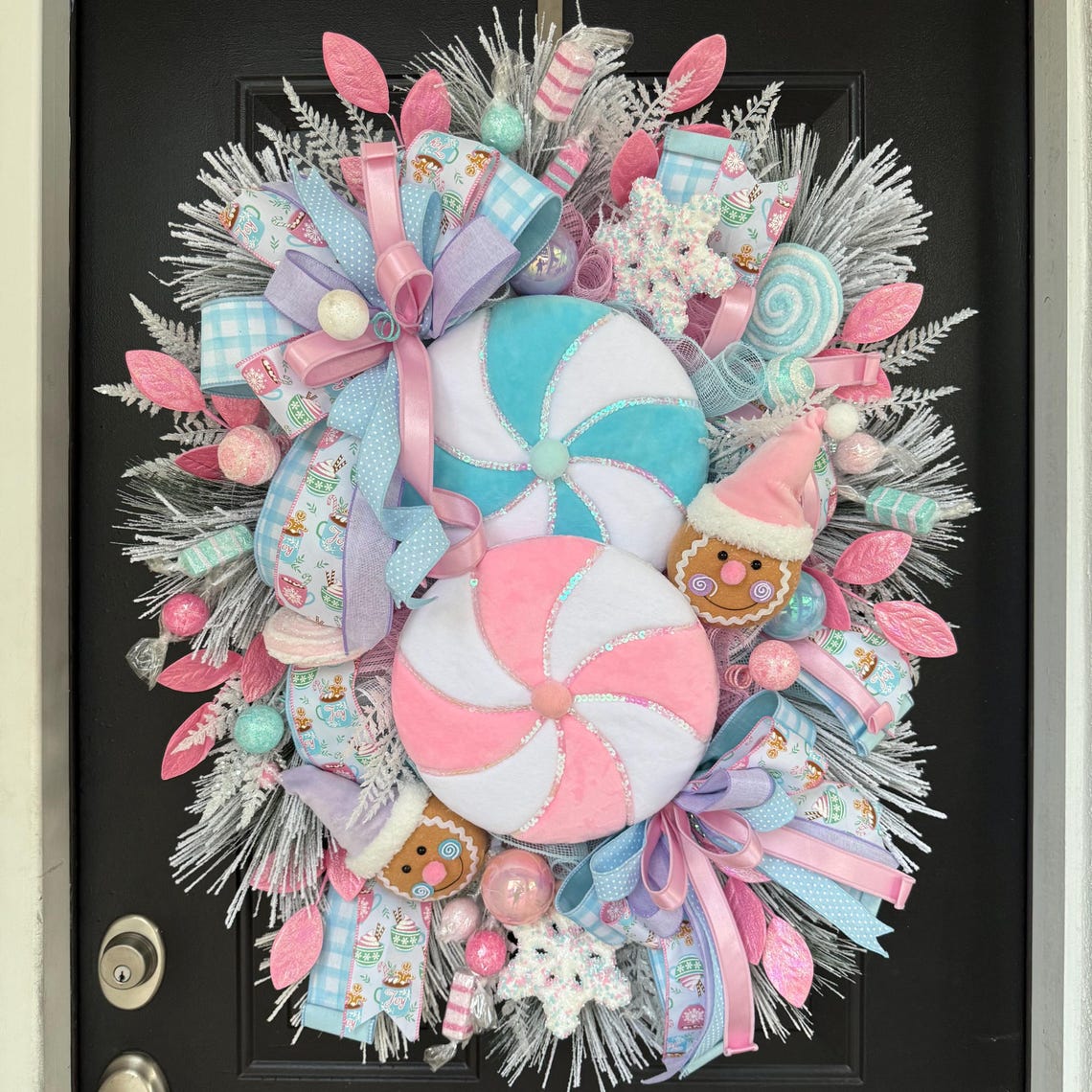 Gingerbread Candy Christmas Wreath, Pastel Peppermint Holiday Decor ...