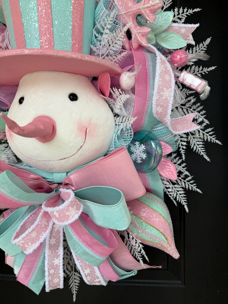 Pastel Snowman Wreath, Candyland Christmas Decor, Pink Mint Winter Door ...