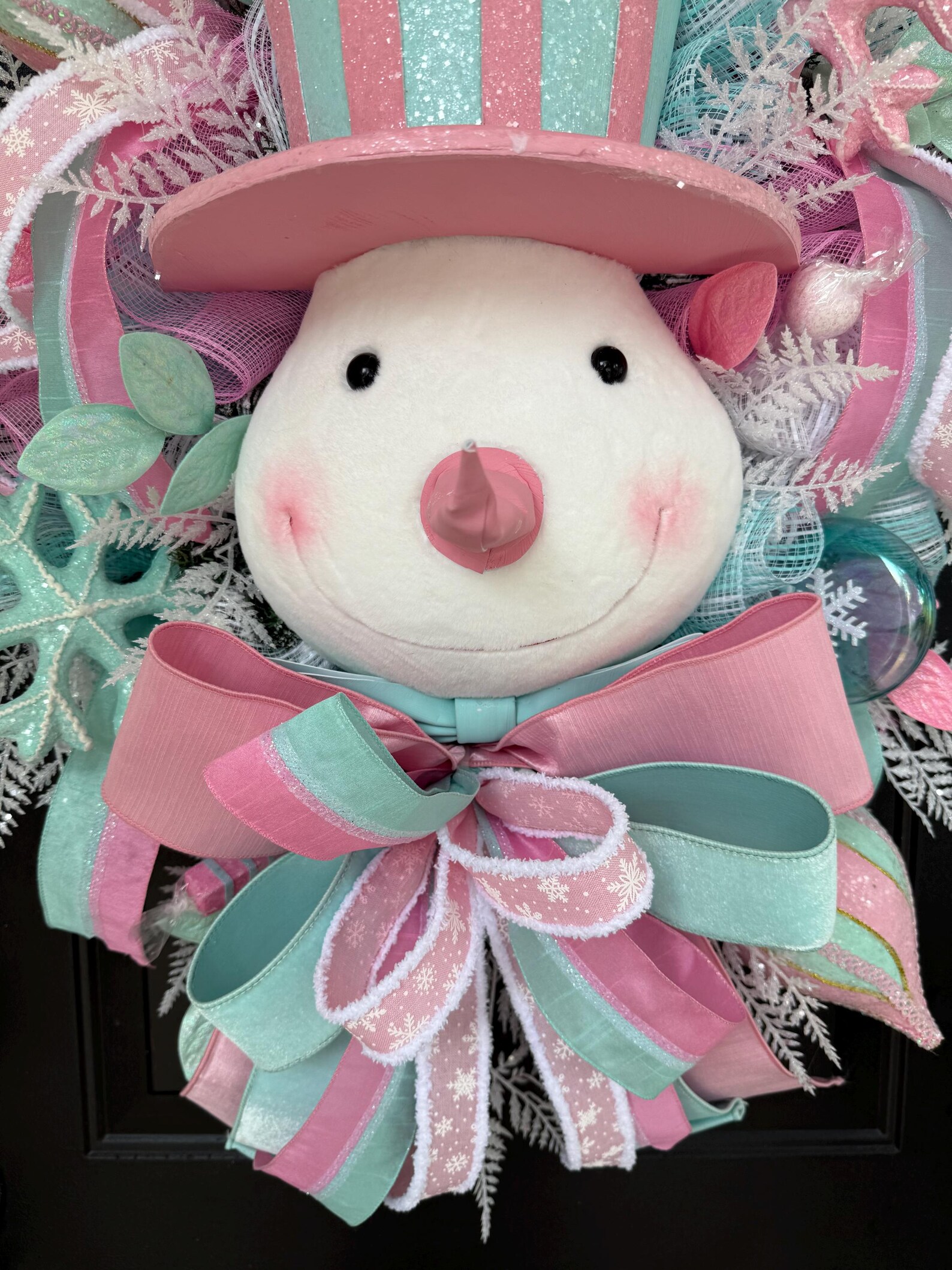 Pastel Snowman Wreath, Candyland Christmas Decor, Pink Mint Winter Door ...