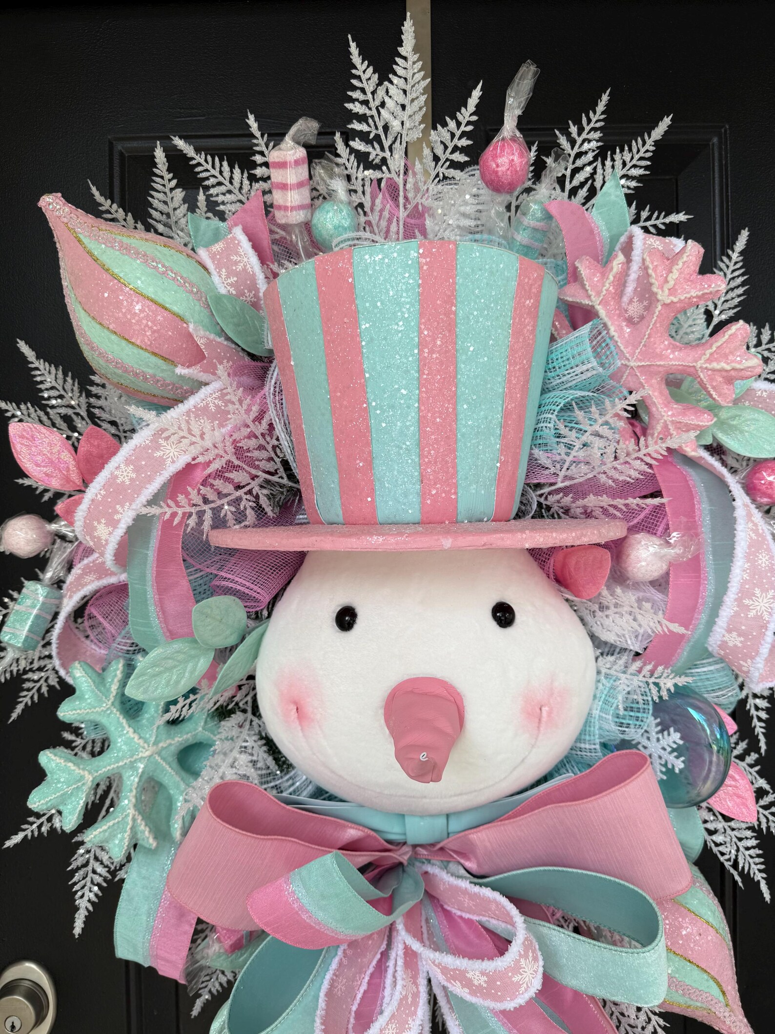 Pastel Snowman Wreath, Candyland Christmas Decor, Pink Mint Winter Door ...
