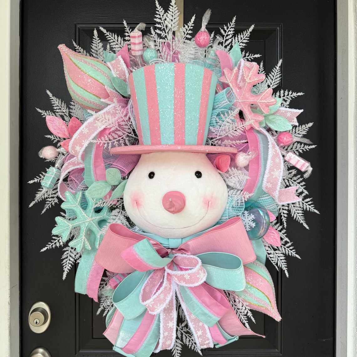 Pastel Snowman Wreath, Candyland Christmas Decor, Pink Mint Winter Door ...