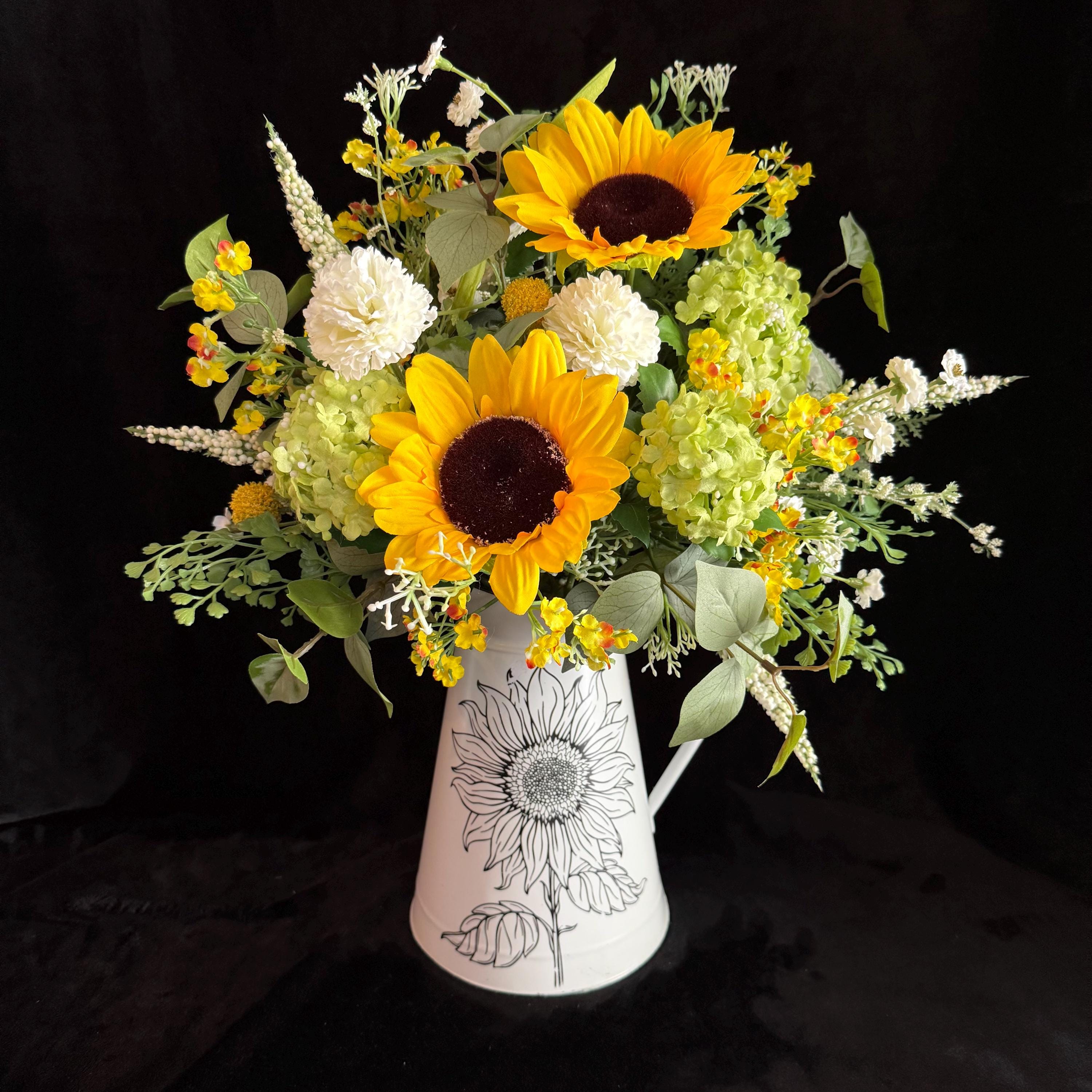 Sunflower Floral Arrangement, Farmhouse Arrangement, Summer Centerpiece, Year Round Table Decor, Flower Pitcher Decor, Housewarming Gift