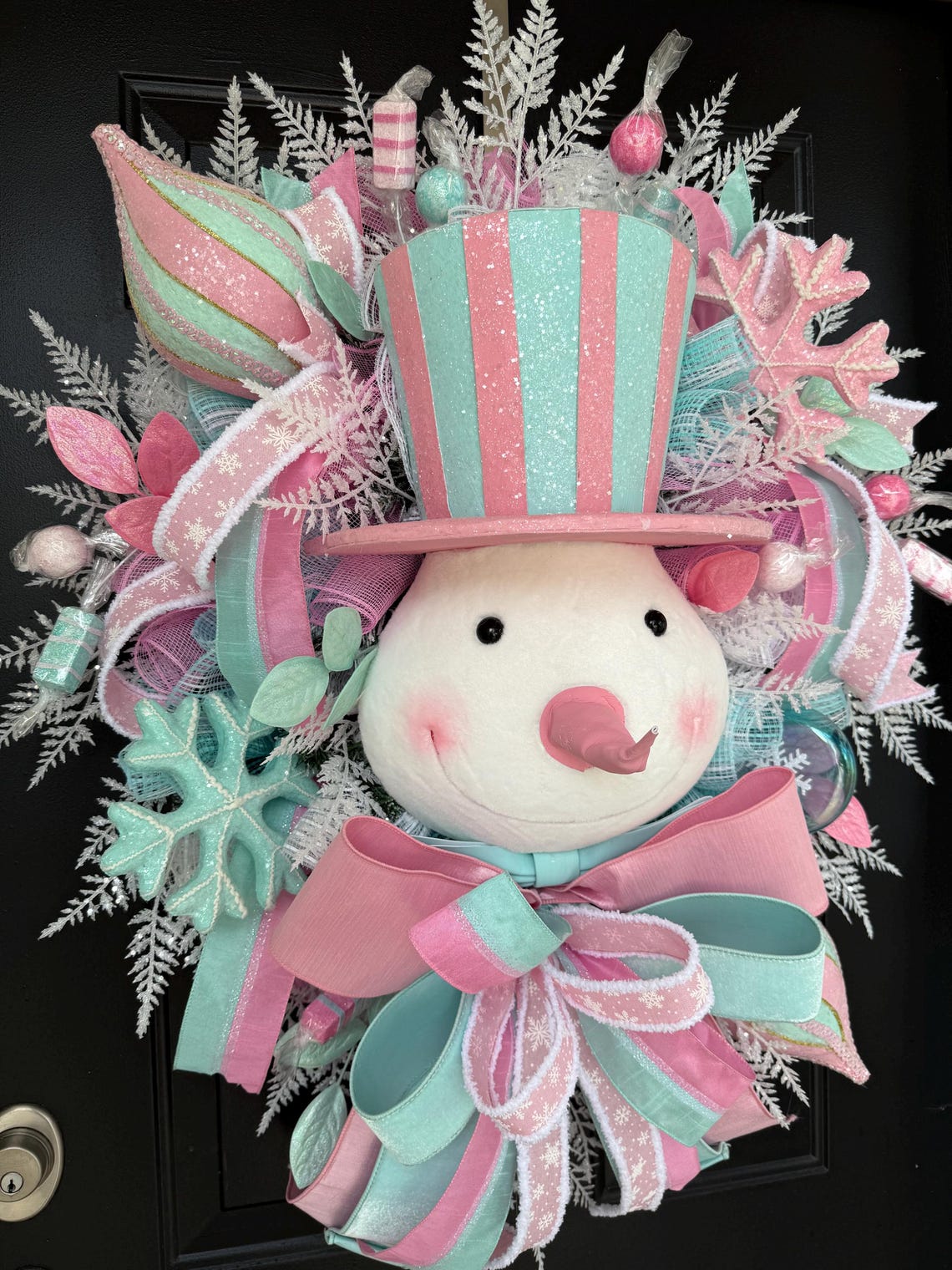 Pastel Snowman Wreath, Candyland Christmas Decor, Pink Mint Winter Door ...