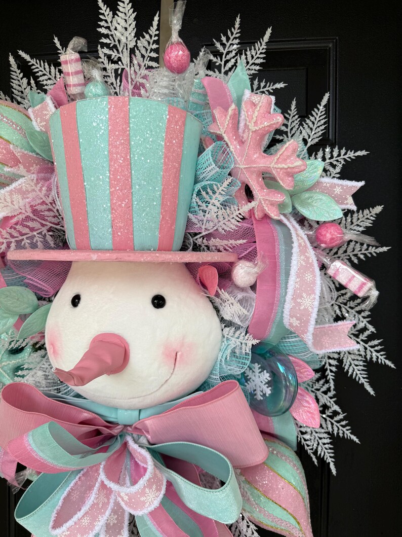 Pastel Snowman Wreath, Candyland Christmas Decor, Pink Mint Winter Door ...