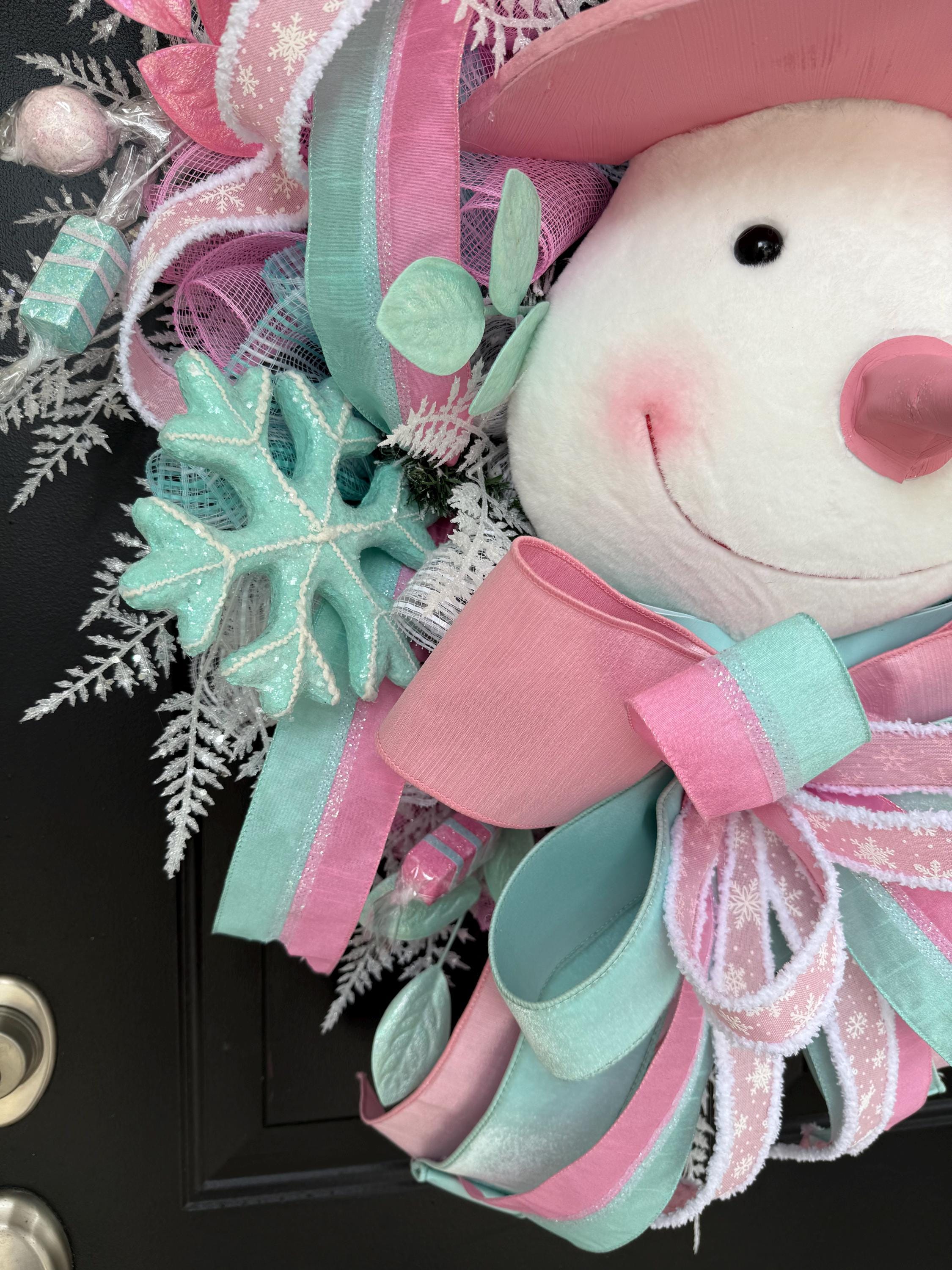 Pastel Snowman Wreath, Candyland Christmas Decor, Pink Mint Winter Door ...