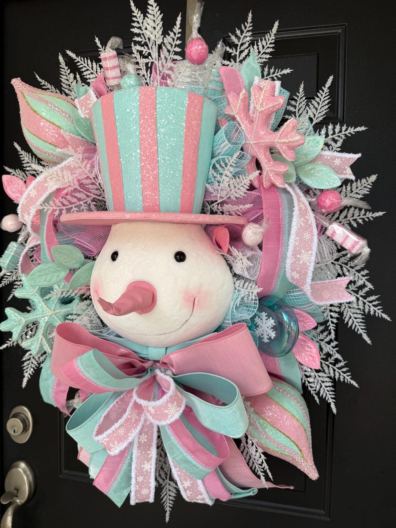 Pastel Snowman Wreath, Candyland Christmas Decor, Pink Mint Winter Door ...