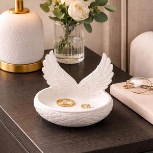 Angel Wing Trinket Dish, 3D Printed Jewelry Holder, White Ring Dish, Spiritual Decor