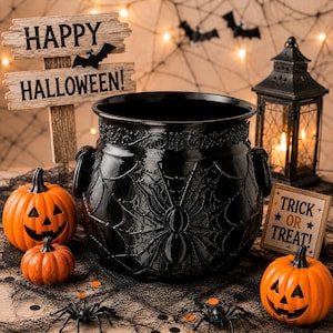 Halloween Cauldron Decor, Spider Web Candy Bowl, Gothic Halloween, Faux Floral Arrangement Container, Spooky Table Decor