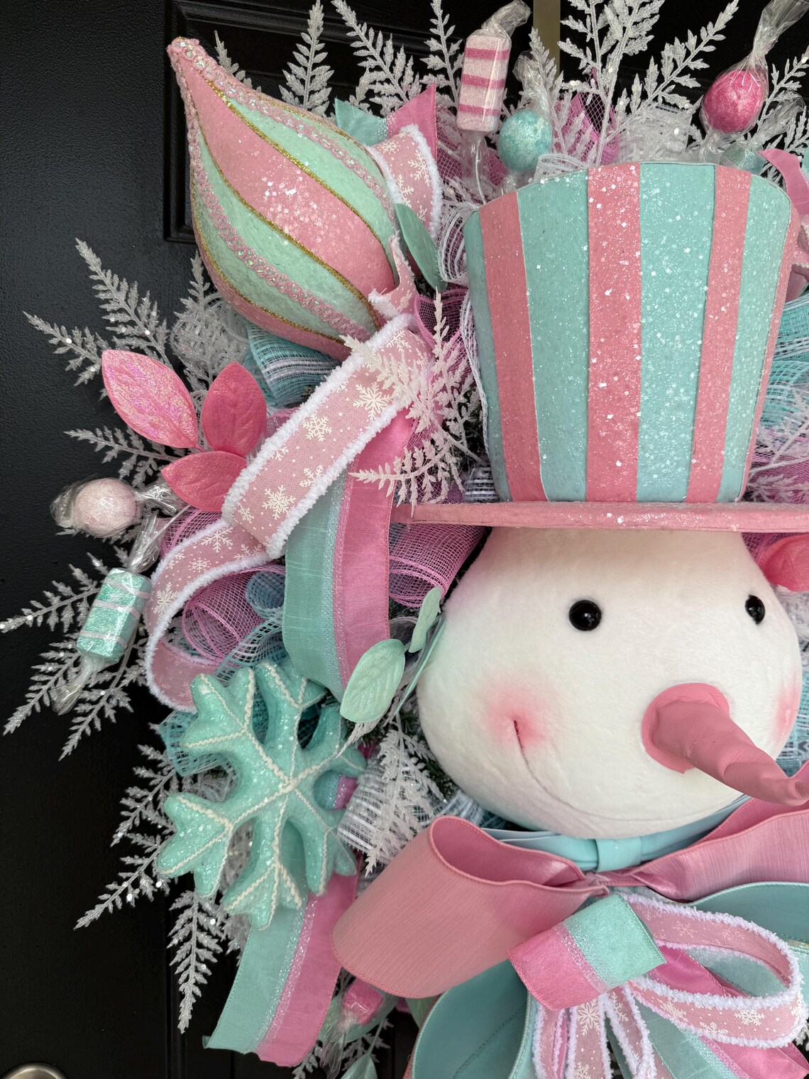 Pastel Snowman Wreath, Candyland Christmas Decor, Pink Mint Winter Door ...