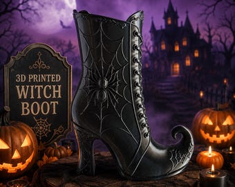 Halloween Witch Boot Vase, 3D Printed Spider Web Decor, Gothic Floral Arrangement Holder, Witchy Home Decor, Spooky Centerpiece