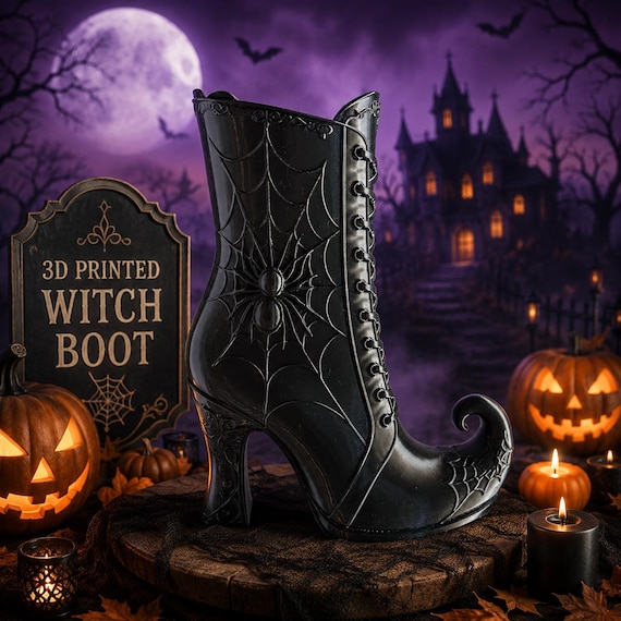 Halloween Witch Boot Vase, 3D Printed Spider Web Decor, Gothic Floral Arrangement Holder, Witchy Home Decor, Spooky Centerpiece