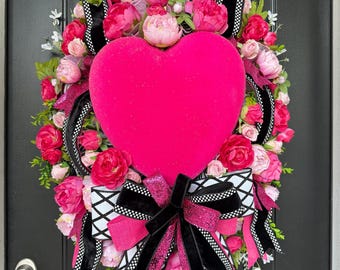 Valentines Day Wreath, Hot Pink Heart Wreath, Peony Door Decor, Romantic Front Door