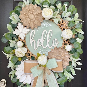Rustic Hello Wreath, Everyday Wreath, Neutral Greenery Front Door Wreath, Farmhouse Style Welcome Wreath, Handmade Year-Round Home Decor