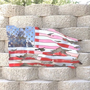 Metal American flag, steel flag, battle worn flag, torn and tattered American flag metal wall art metal art flag sign