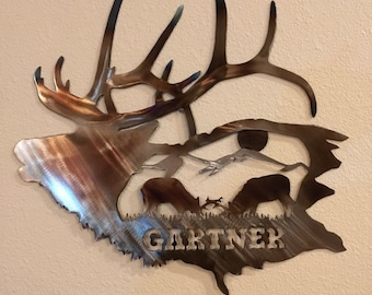 Elk Metal Art, art en métal animalier, suspension murale en métal, monogramme inspiré de la nature, cadeau pour chasseur